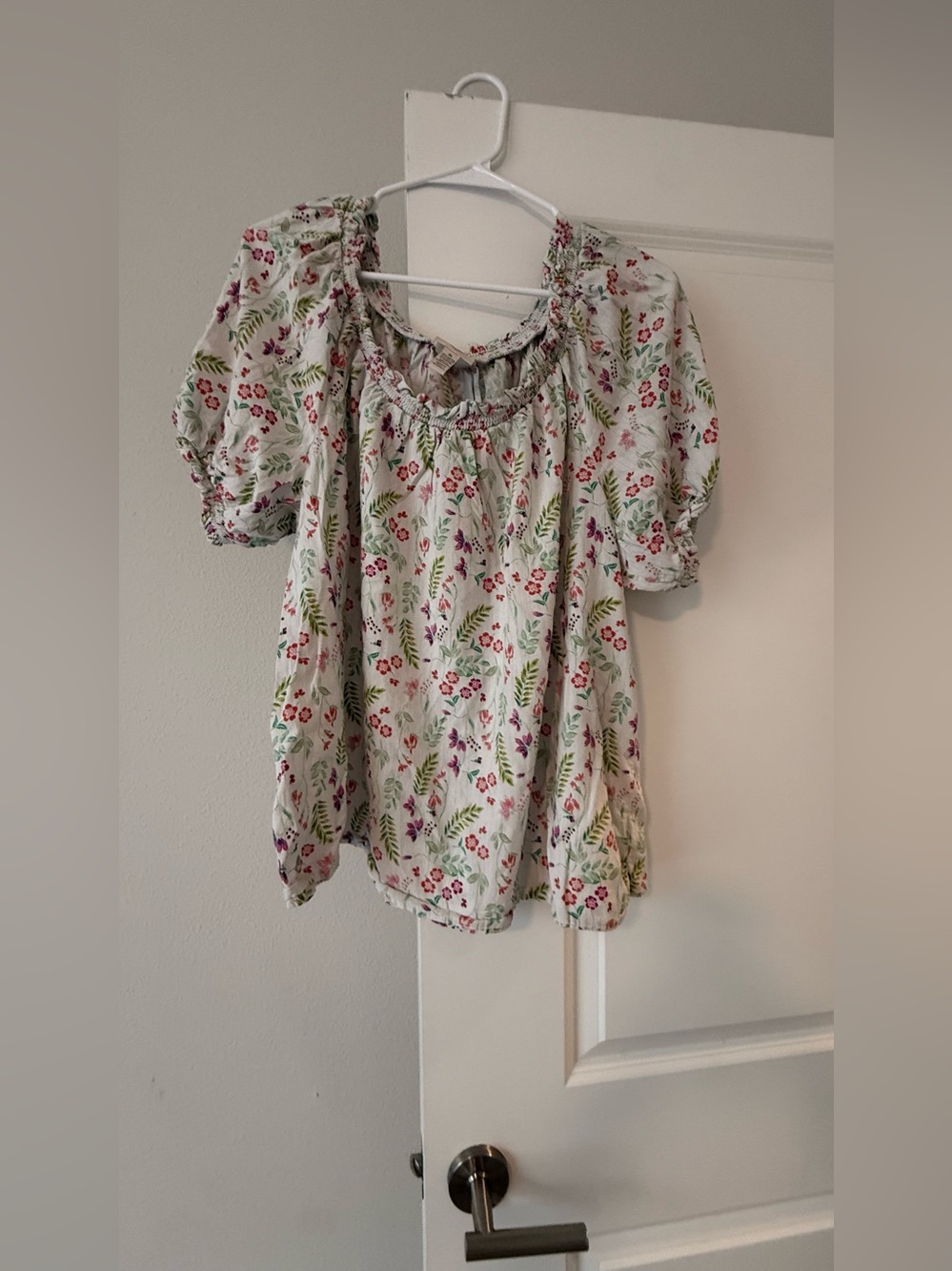 St. John's Bay Cream Floral Puff-Sleeve Tunic with Pink & Green Print